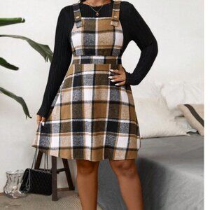 Relaxiva Plus Size Plaid Wide Strap Dress – Tan/Black/White (16/2XL)
